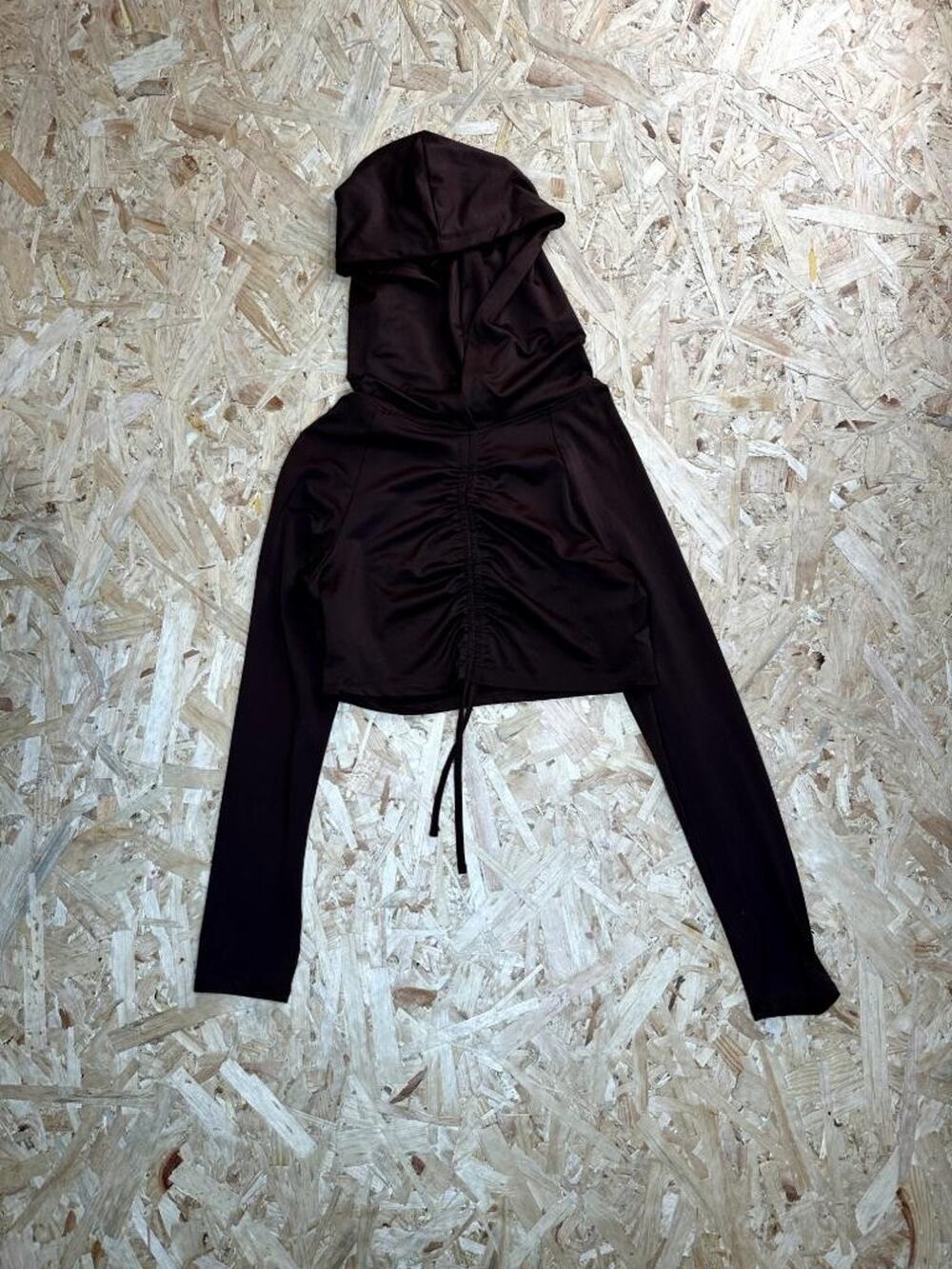 Sommer Ray Crop Top Hoodie Womens Large Brown Ruched Front Long Sleeve Pullover